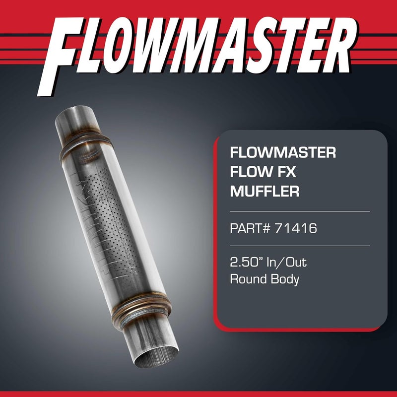 FLOWMASTER Flow FX Chambered Muffler – 2.50” Center In / 2.50” Center Out – Round Body – Moderate Sound – Stainless Steel –Affordable Performance for Modern Trucks, Muscle Cars & Daily Drivers - 71416 - Image 2